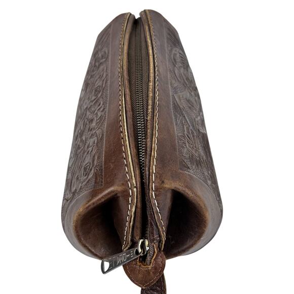 Vintage Dopp Bag/Toiletry Case Makeup Bag Hand Tooled Leather Roses Dragon Aztec - Picture 3 of 10